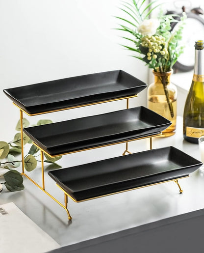 LYEOBOH 3 Tier Serving Bowls Set Tiered Serving Stand, Porcelain Oval Bowls with Collapsible Metal Stand for Entertaining, Party, Dessert Display, Candy, Chip and Dip (Gold)-45oz / 17.5oz / 7oz