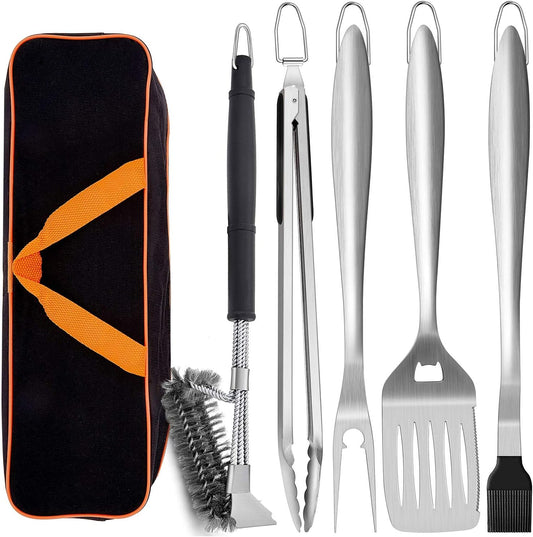 Leonyo Grill Tools Set of 6, 18Inch Extra-Long BBQ Tool Set, Heavy-Duty Barbecue Grilling Accessories, Stainless Steel Spatula, Fork, Tong, Basting Brush, Cleaning Brush, Carrying Bag