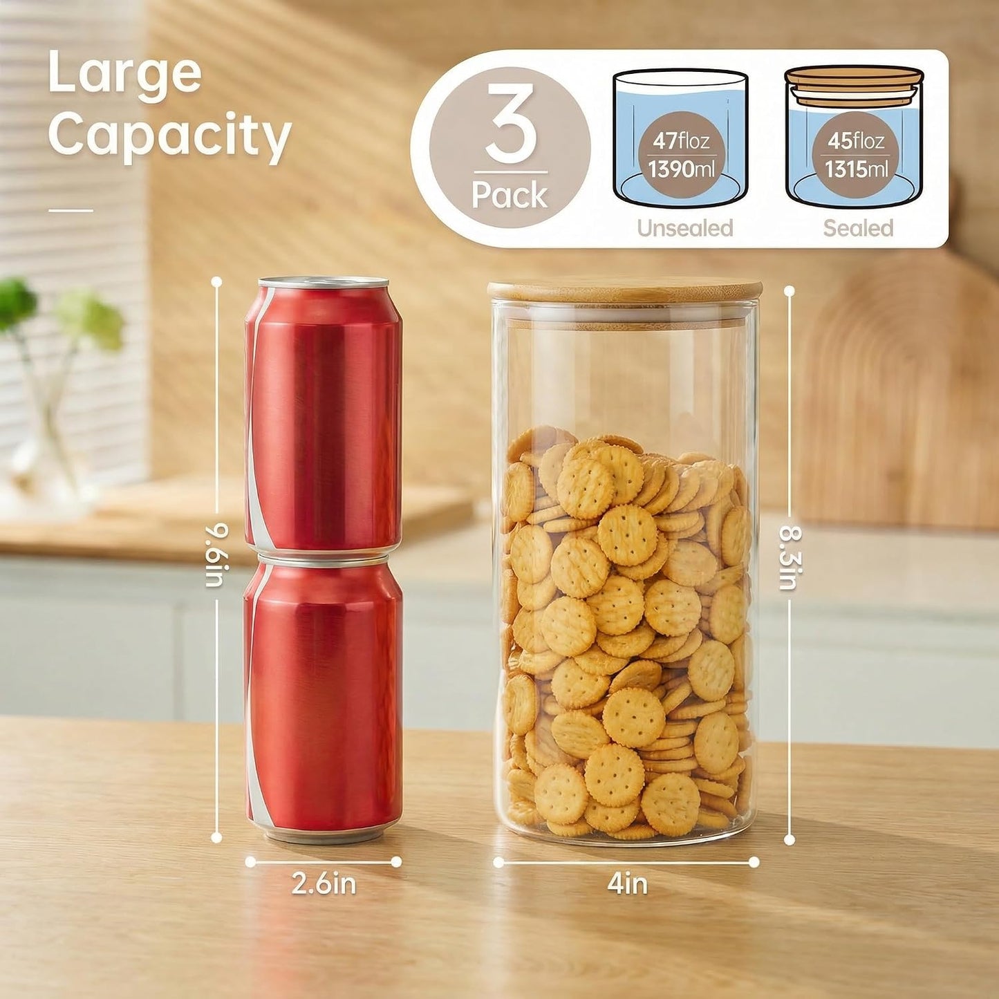 32oz - 4 Pack Glass Jars with Bamboo Lids, Glass Pantry Storage Containers with Airtight Lids, Round Air Tigh Food Storage Canisters for Cereal, Pasta, Flour, Sugar, Rice, Best for Kitchen Organizer