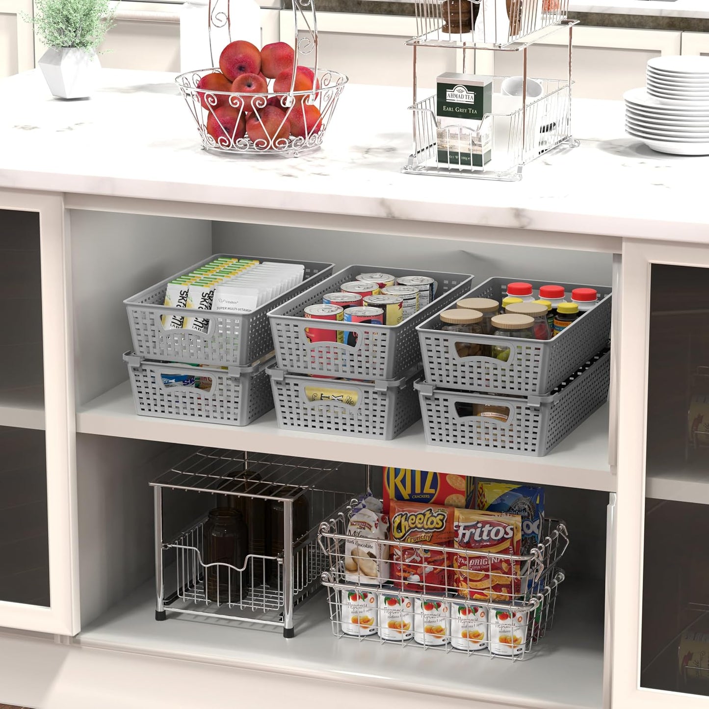 Simple Houseware Stackable Plastic Woven Basket Organizer, 6 Pack, White | 14.5" D x 8.5" W x 3.5" H