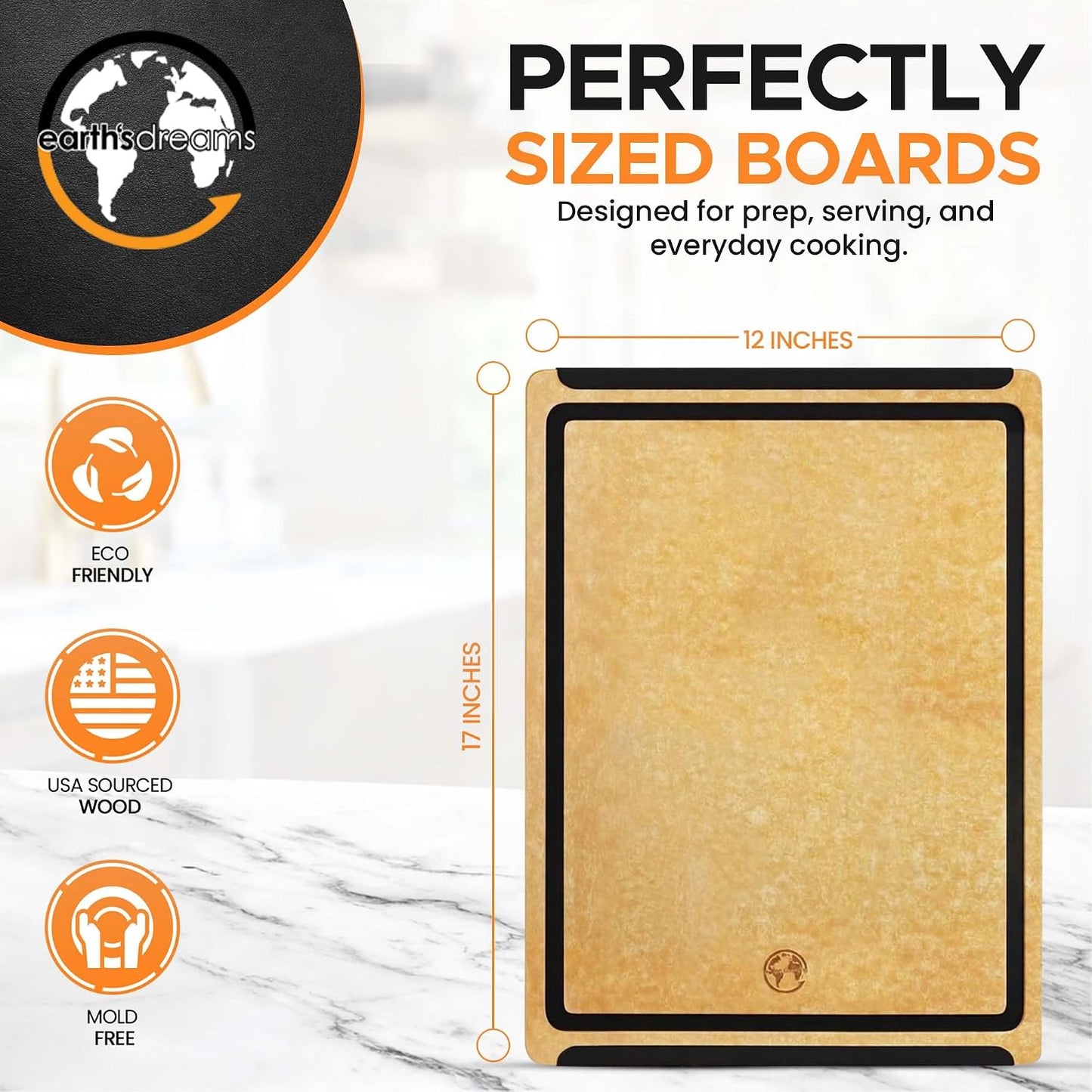 Earth's Dreams Composite Wood Cutting Board Set of 3 – Built In Juice Groove, Dishwasher Safe,Cutting Boards for Kitchen – Large, Medium & Small Non-Slip Wood Charcuterie & Chopping Boards (Tan/Black)