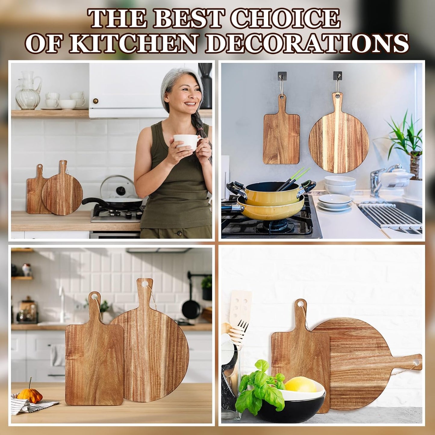 Hsei 2 Pcs Acacia Wood Cutting Board with Handle Wooden Charcuterie Board Large Paddle Carving Chopping Set Butter Serving Tray for Cheese Meat Fruit Pizza Bread(Vintage Style, 16x12, 17x13 Inch)