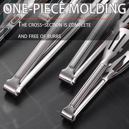 Stainless Steel Kitchen Tong Set - Anti-Slip Heat-Resistant Grip, Widened 3-Line Slotted Heads for Easy Clamping (Steaks, BBQ, Pasta, Salads), Easy Clean for Versatile Use Set of 3-6", Silver