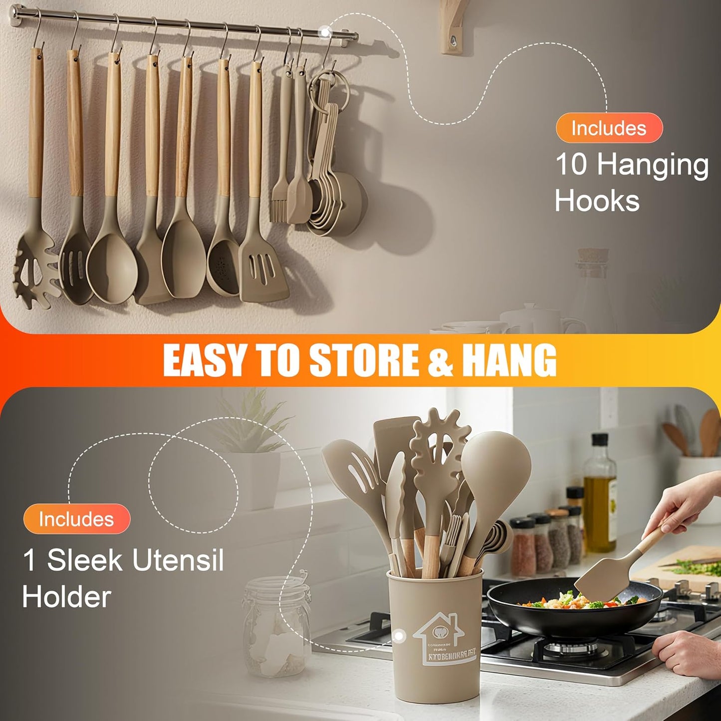 Berry & Cherry Kitchen Utensils Set Silicone 33 PCS – Nonstick Heat Resistant Cooking Tools with Wooden Handles & Holder, Spatula Set (Khaki)
