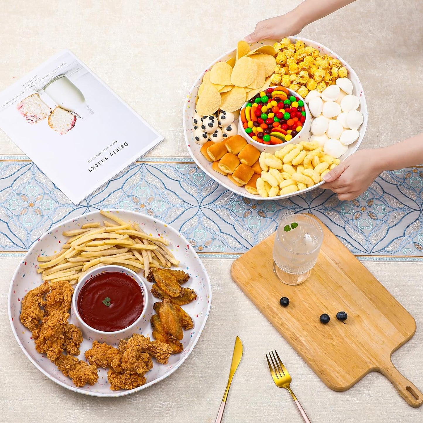 Melamine Chip & Dip Serving Platter Set of 2, 13 Inch Large Melamine Divided Bowls Set, Lightweight and Unbreakable Relish Tray for Appetizers, Snacks, Veggies, Candy - Elegant White Confetti Design