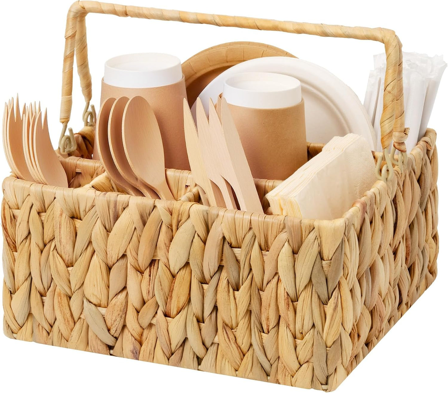 StorageWorks Wicker Silverware Organizer with Handle, Seagrass Kitchen Utensil Holder, Large Utensil Holder for Kitchen Counter, Spoon Forks Knife Cutlery Caddy, Paper Plate Dispenser for Countertop