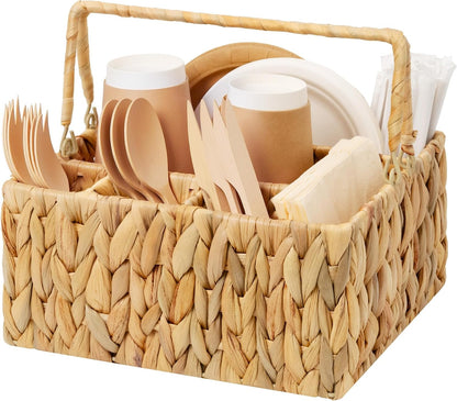 StorageWorks Wicker Silverware Organizer with Handle, Seagrass Kitchen Utensil Holder, Large Utensil Holder for Kitchen Counter, Spoon Forks Knife Cutlery Caddy, Paper Plate Dispenser for Countertop