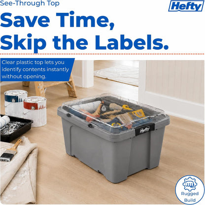 Hefty MAX Pro 12 Gallon Storage Bins with Latching Lids, Heavy Duty Stackable Plastic Storage Containers for Garage, Basement & Outdoor Use, Utility Storage Tote, 6 Pack, Gray