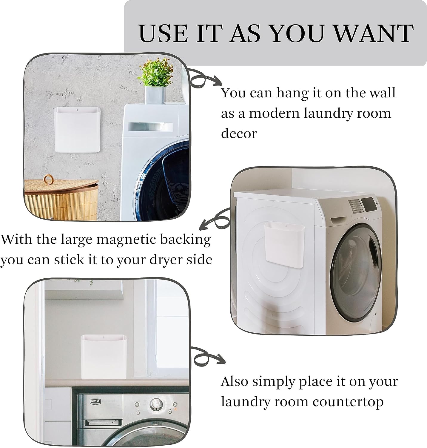 MONJITA Lint Bin for Laundry Room, Magnetic Lint Trash Can for Dryer, Modern Lint Holder, Lint Box for Laundry Room Organization, Wall Mounted Trash Can for Laundry Decor (Black)