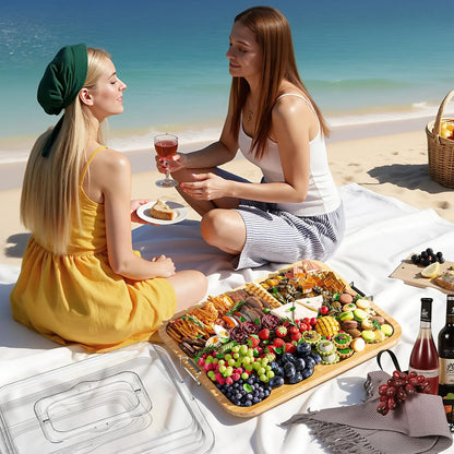 Charcuterie Boards with Foldable Lid, Portable Bamboo Cheese Board with Single Compartments, Clear Locking Lid and Handle, Easy to Store, Suitable for Picnics, Camping, Parties
