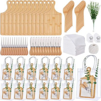 Baby Shower Prizes for Game Winners Bamboo Cheese Board Spoon Fork Butter Spreaders Plaid Towel Thank You Card and Gift Bags for Baby Shower Wedding Bridal Shower Favors (Acacia, 6 Sets)