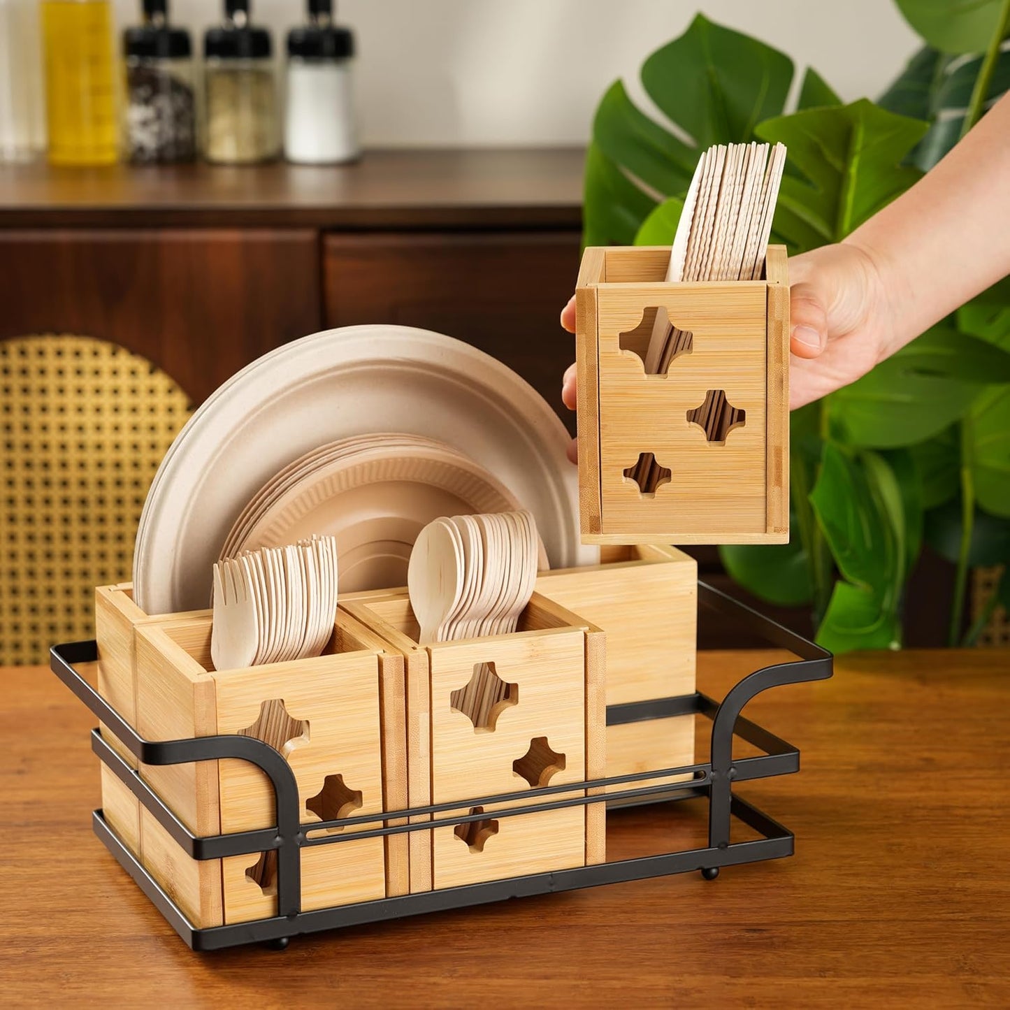 Silverware Caddy Wood Utensil Holder Cutlery Flatware Paper Plate Dispenser Organizer for Spoons Forks Plates Napkins (Acrylic)