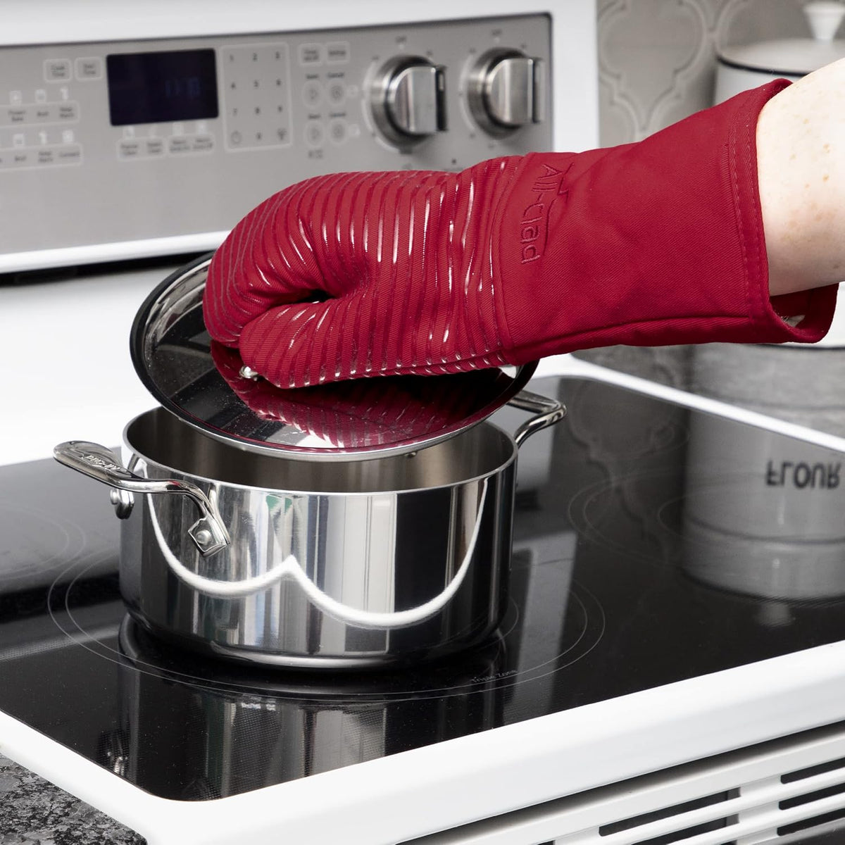 All-Clad Silicone Oven Mitts: Heat Resistant up to 500 Degrees - 100% Cotton & Silicone, 14"x7" Oven Mitt for Kitchen and Barbeque, Pewter