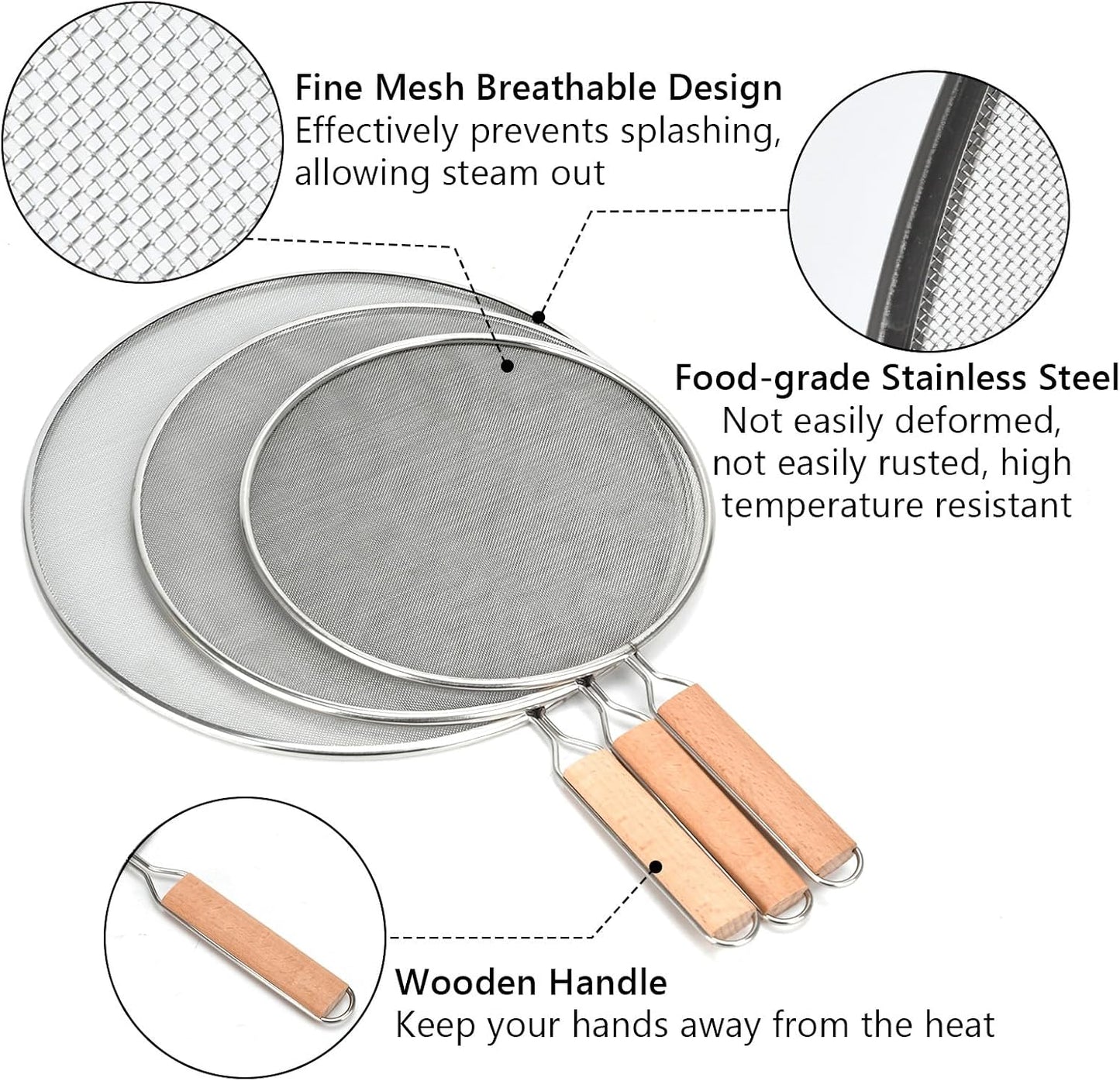 3 Pieces Grease Splatter Screen for Frying Pan, 21/25.5/29cm, with Wooden Handle