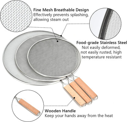 3 Pieces Grease Splatter Screen for Frying Pan, 21/25.5/29cm, with Wooden Handle