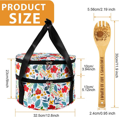 Casserole Carrier &5Pcs Sunflower Wooden Cooking Spoons Set,12.5" Pie Carrier,2 Compartments Insulated Pie Carrier with Lid and Handle,Pie Carrying Case,Kitchen Baking Spoon Kitchen Gift Set