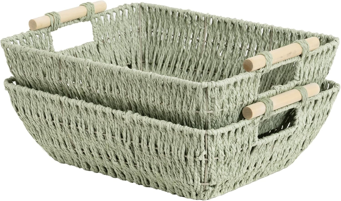 StorageWorks Hand-Woven Storage Baskets with Wooden Handles, Water Hyacinth Wicker Baskets for Organizing, 2 Pack