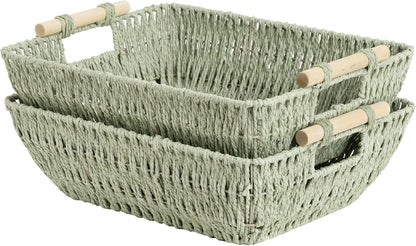 StorageWorks Hand-Woven Storage Baskets with Wooden Handles, Water Hyacinth Wicker Baskets for Organizing, 2 Pack