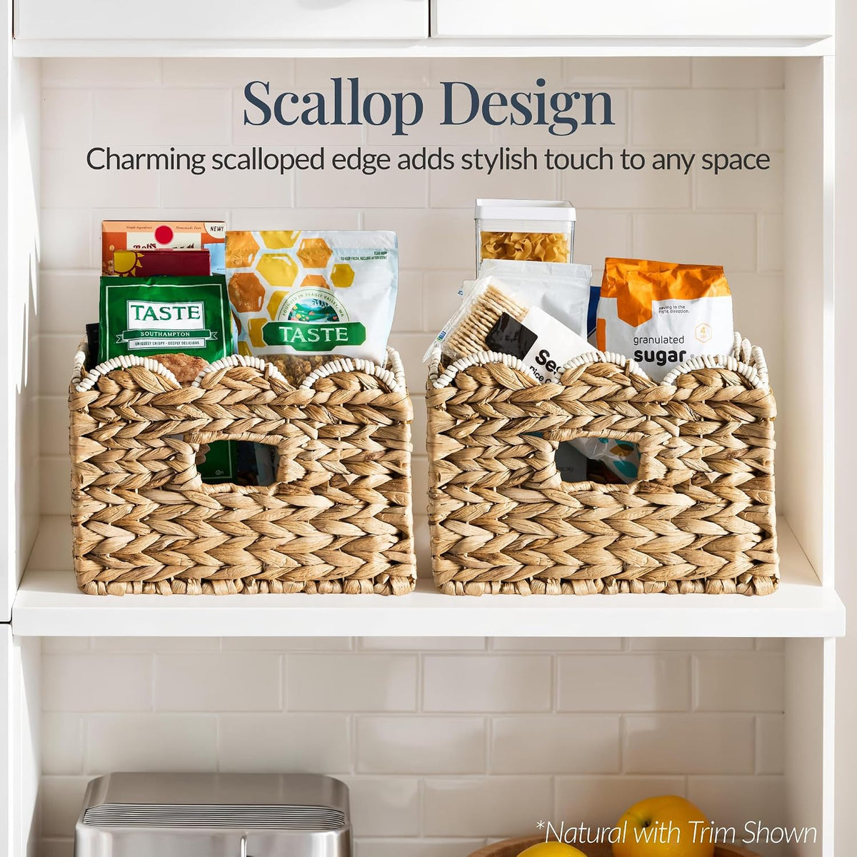 Best Choice Products 9x12 Scalloped Shelf Baskets, Woven Storage Bins, Storage Organizers for Pantry, Living Room, Bedroom, Nursery & Laundry, 4 Pack - Natural with White Trim
