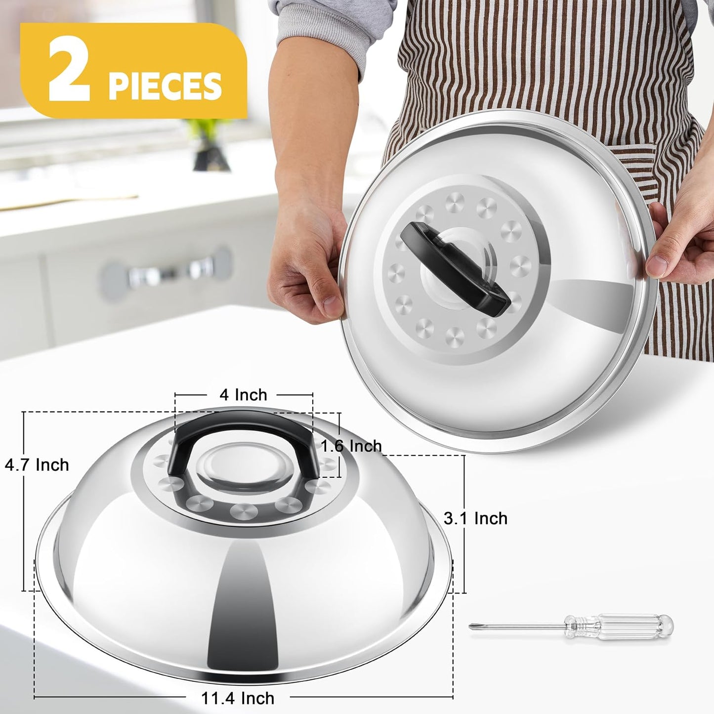 HaSteeL Cheese Melting Dome Set of 2, 12 Inch Round Basting Cover Metal Steam Cover, Stainless Steel Griddle Accessories for Flat Top Grill/Outdoor BBQ/Kitchen Cooking