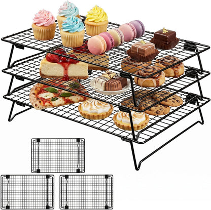 3-Tier Stackable Cooling Rack for Cooking and Baking, 17" x 11" Large Black Wire Cooling Rack, Foldable & Heavy Duty Cookie Cooling Rack, Oven Safe Baking Rack