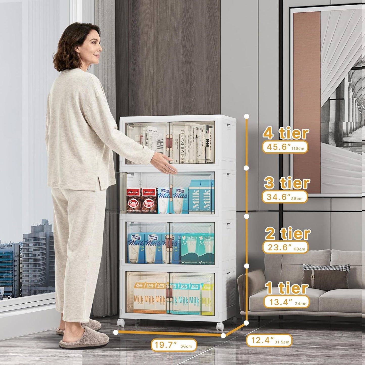 UAMFURI 720QT Stackable Storage Bins with Lids, Extra Large Storage Cabinet with Doors and Wheels, Collapsible Plastic Storage Box for Bedroom Dorm Office Garage
