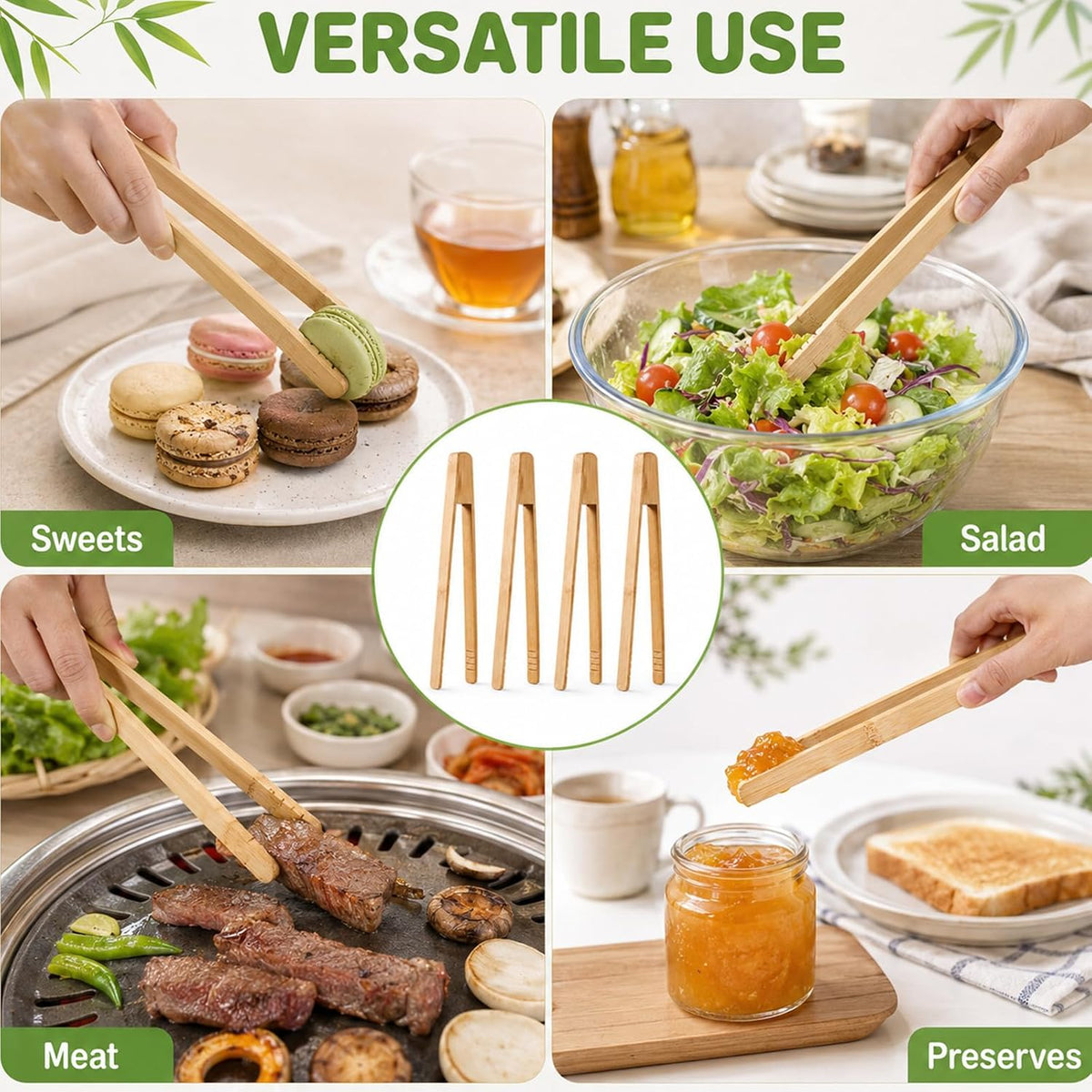 4PCS Wooden Toaster Tongs with Anti-slip Design, Natural Bamboo Tong for Toaster Toasters Tongs 10" Heat-resistant Reusable for Toasters, Bagels, Pastries, and Salads BBQ & Grilling Cooking & Serving