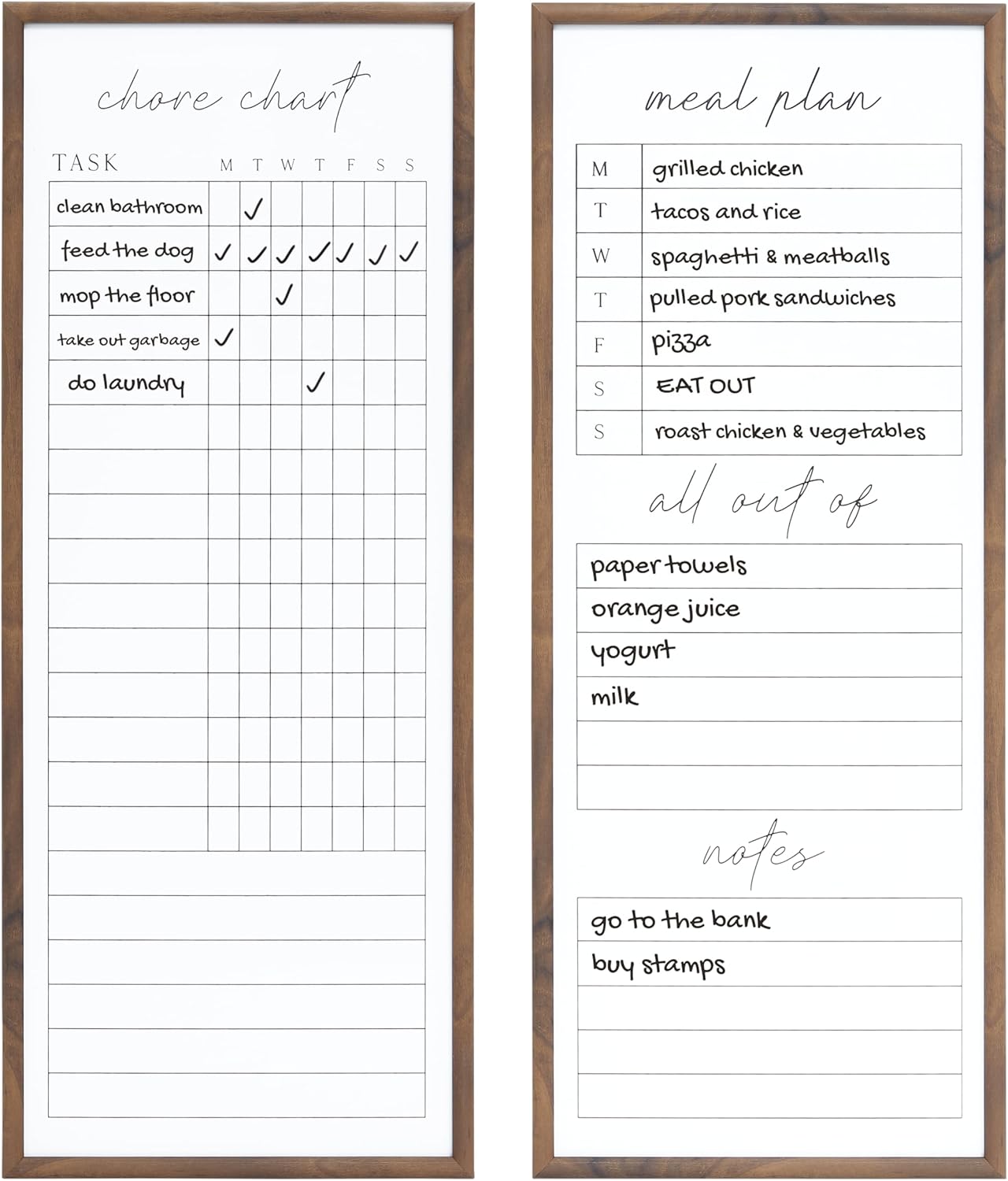 Sheffield Home Set of Two Family Planner Dry Erase Boards Featuring, Chore Chart, Shopping List, Weekly Meal Planner and Notes, 9x21 Inch, Natural