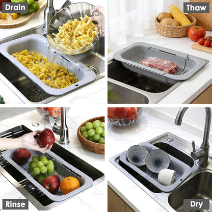 Extendable Colander Strainer Basket, Over the Sink Colander and Strainer for Kitchen, Wash Vegetables and Fruits, Drain Pasta and Dry Dishes, Adjustable Colander from 13.5In to 18.7In, Gray