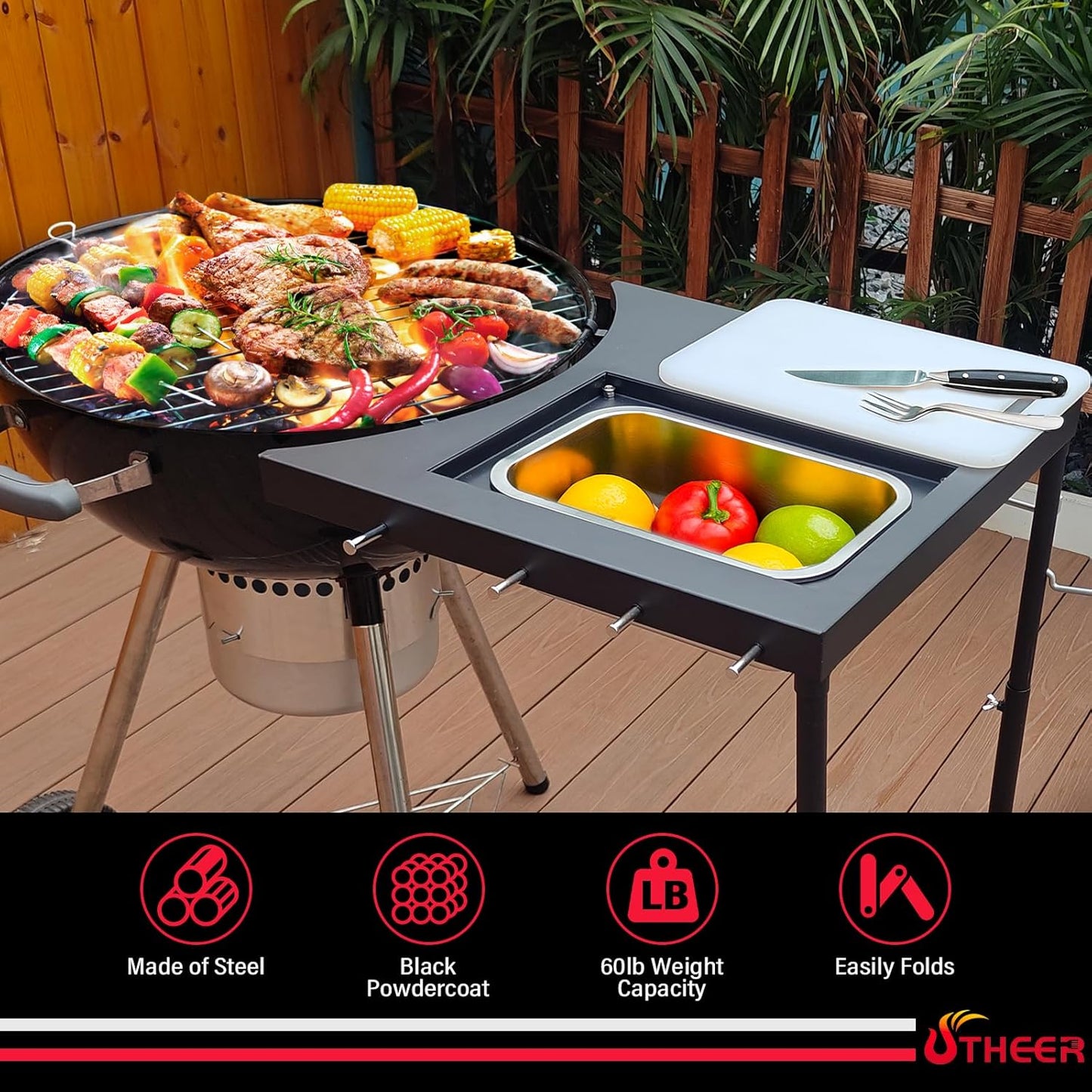 Upgraded Grill Table for Weber Kettle 22"/18"/26", Master Touch 22", Smokey Mountain, Recteq Pellet Grill RT-B380, Prep Station with Cutting Board, Basin, 4 Hooks, Shelf for Weber Kettle Accessories