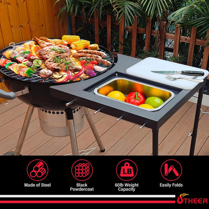 Upgraded Grill Table for Weber Kettle 22"/18"/26", Master Touch 22", Smokey Mountain, Recteq Pellet Grill RT-B380, Prep Station with Cutting Board, Basin, 4 Hooks, Shelf for Weber Kettle Accessories