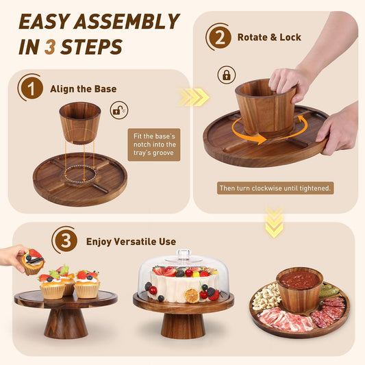 Bellsal Cake Stand with Dome Lid, 12in Acacia Wood Cake Plate with Cover, Wooden Cake Display Stand with Acrylic Dome, Cake Decorating for Baking Gift
