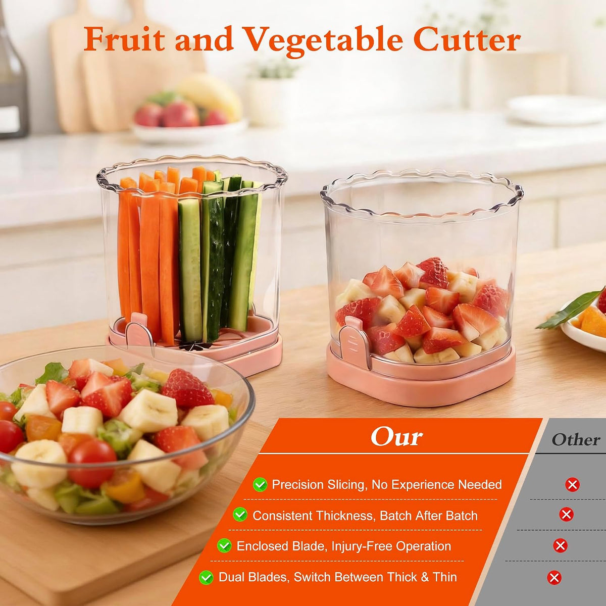 Fruit Slicer Cup 4 (6) Slice Blade Detachable Perfect Salads Sushi Pink