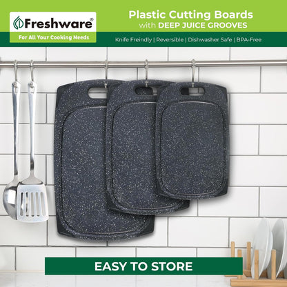 Freshware Cutting Boards for Kitchen, Chopping Board 3-Pack with Different Sizes, Juice Grooves and Non Slip Handles - Reversible, Large Cutting Board Set - Dishwasher Safe - Gray