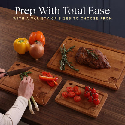 Pre-Oiled, Non Toxic 3-Piece Carbonized Bamboo Cutting Board Set, 500°F Carbonized Technology Eco-Friendly Wooden Chopping Boards for Kitchen with Juice Groove, Charcuterie Serving Boards Deer & Oak