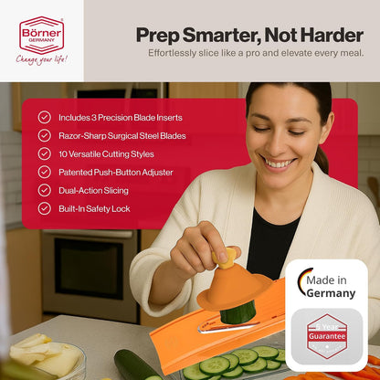 Swissmar Borner V-Slicer Plus Mandoline 5-Piece Set – Professional Kitchen Utensil with Adjustable Inserts – Cuts Potatoes, Cucumbers, Chips & More – Vegetable Slicer with Safety Holder - Orange