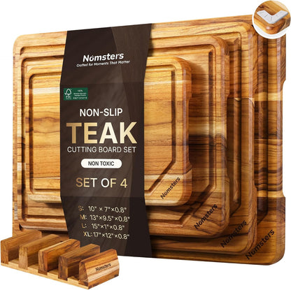 3 Pack Teak Wood Cutting Board Set for Kitchen Charcuterie Board Serving Heavy Duty Non Toxic Slip Hardwood Over Sink Solid Thick Haus Wooden Chopping Board Large Big Small Meat Best Essential Gift