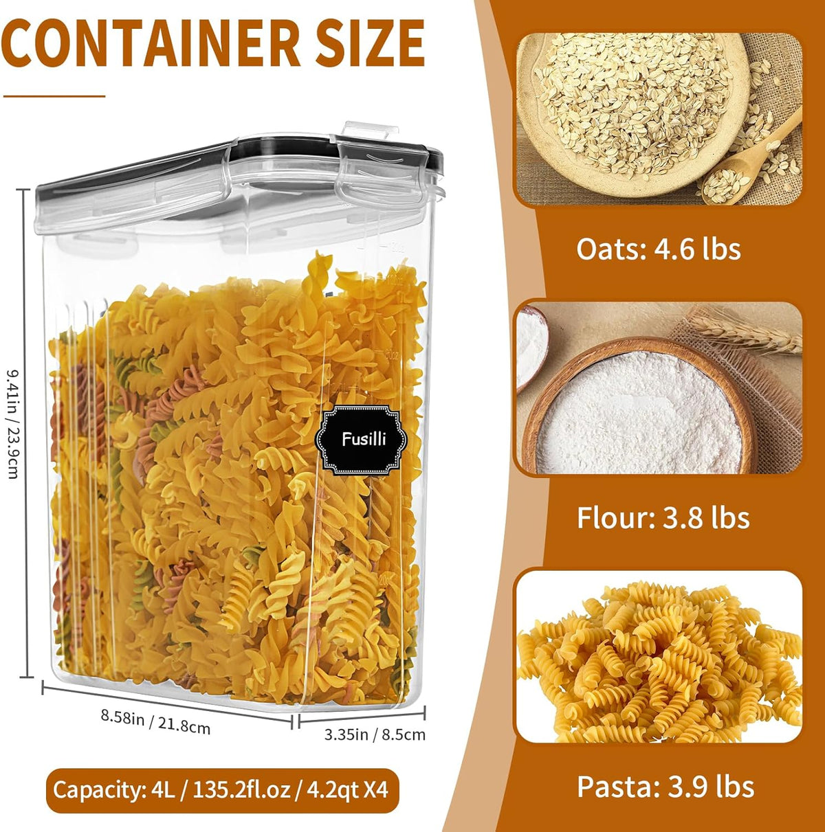 Cereal Containers Storage Set (4L / 135.2oz), 8PCS Airtight Food Storage Containers with Lids, Cereal Dispensers for Kitchen Pantry Organization and Storage with Pour Spout, 20 Labels, Marker