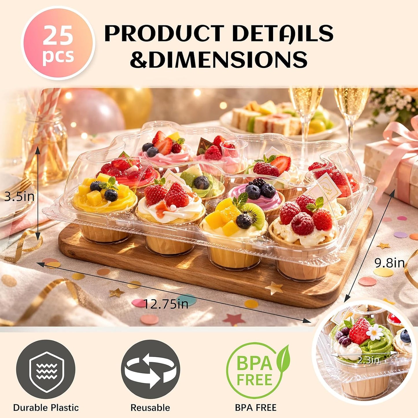 WIKDAY (12 Count x 20 Sets Plastic Cupcake Containers with Liners, Clear Cupcake Holder with Lids, Disposable Cupcake Carrier for Bakery, Cupcake Storage Box for Parties, Bake Sale Packaging