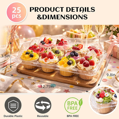 WIKDAY (12 Count x 20 Sets Plastic Cupcake Containers with Liners, Clear Cupcake Holder with Lids, Disposable Cupcake Carrier for Bakery, Cupcake Storage Box for Parties, Bake Sale Packaging