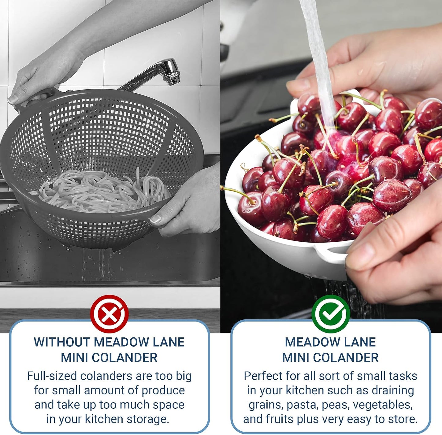 Meadow Lane 6-inch Small Colander, BPA-Free, Dishwasher Safe, Double Handles, Compact Food Strainer for Berries, Veggies and Pasta, 3-Cup Capacity, Smooth White