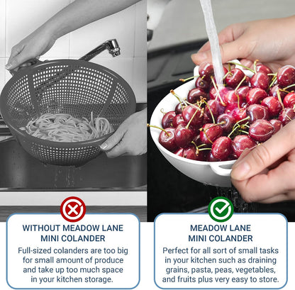 Meadow Lane 6-inch Small Colander, BPA-Free, Dishwasher Safe, Double Handles, Compact Food Strainer for Berries, Veggies and Pasta, 3-Cup Capacity, Smooth White
