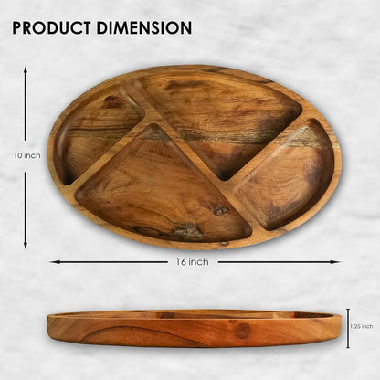 Large Wooden Divided Serving Tray – 16x10 inch Acacia Wood Platter with 4 Compartments for Snacks, Appetizers, Chips and Dips – Rustic Charcuterie Board, Chrsitmas, New Year, Thanksgiving