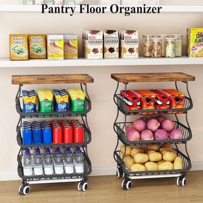 SAYZH Fruit Basket Kitchen Pantry Organizers and Storage - Wooden Top Table, Stackable Metal Wire Basket Stand Cart for Fruit Vegetable Snacks Onion Potato Organization (Black, 5 Tiers)