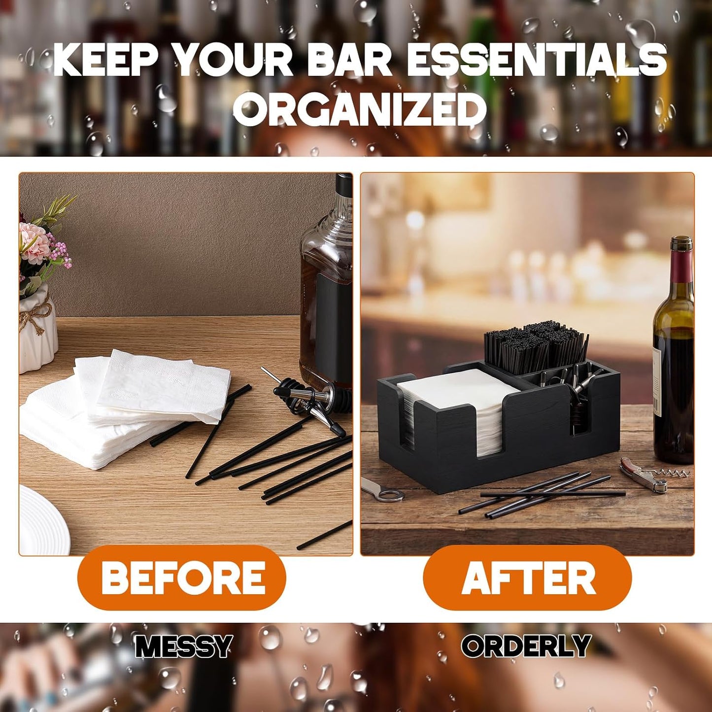 Mifoci Wooden Bar Caddy with 6 Compartments, Acacia Wood Bar Caddy Napkin & Straw Holder Organizer Cocktail Napkin Holder Condiments for Home Office Kitchen Countertop (Brown, 10.6 L x 5.5 W)