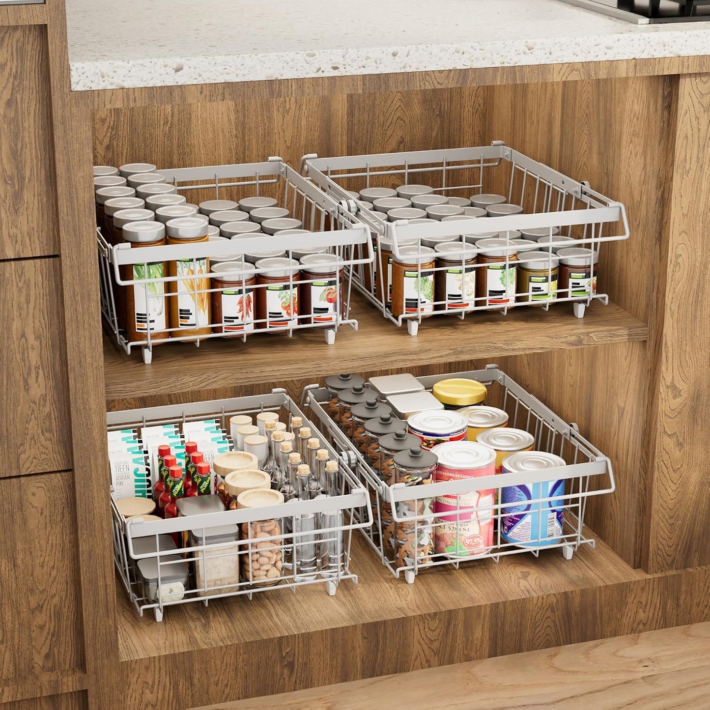 Freezer Organizer Bins 6 Pack: Wire Basket Stackable Storage Containers Expandable 11.81" to 17.72" with Foldable Handles for 5+ Cu.FT Fridge Cabinet Shelves Pantry Kitchen White