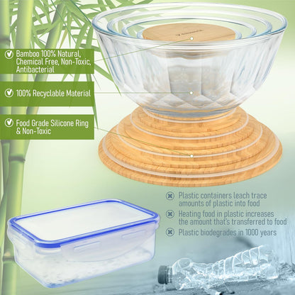 Set of 4 Stackable Space-Saving Nesting Glass Bowls with Airtight Acacia Lids for Lunch, Meal & Food Prep - Microwave & Oven-ready BPA Free Durable Heat Resistant Inert Borosilicate Glass
