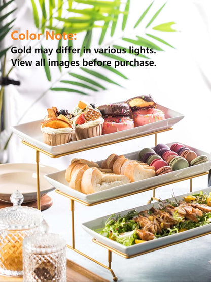LYEOBOH 3 Tier Serving Bowls Set Tiered Serving Stand, Porcelain Oval Bowls with Collapsible Metal Stand for Entertaining, Party, Dessert Display, Candy, Chip and Dip (Gold)-45oz / 17.5oz / 7oz