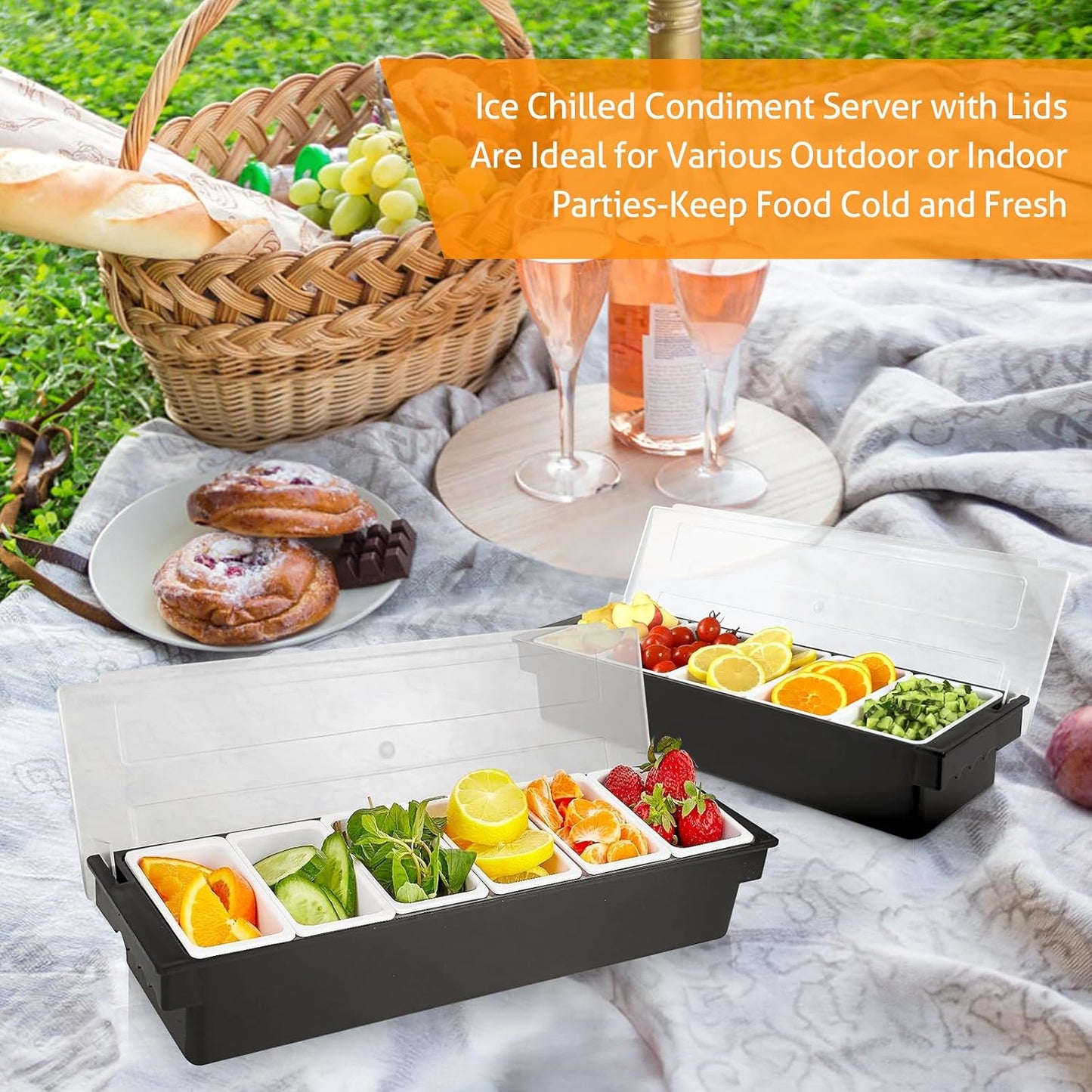 WICHEMI Fruit, Veggie & Condiment Caddy with Lid Dispenser Tray Plastic Garnish Station for Bartending & Serving Taco, Ice Cream, Salad Bar - Topping Organizer for Restaurant Supplies (3 Compartment)
