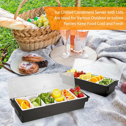 WICHEMI Fruit, Veggie & Condiment Caddy with Lid Dispenser Tray Plastic Garnish Station for Bartending & Serving Taco, Ice Cream, Salad Bar - Topping Organizer for Restaurant Supplies (3 Compartment)